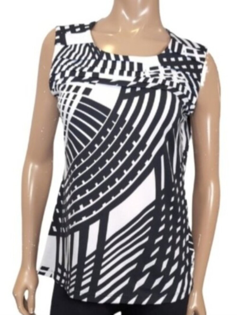 Laura Sleeveless Top Geometric Abstract Pleated Blouse Black White Womens Large